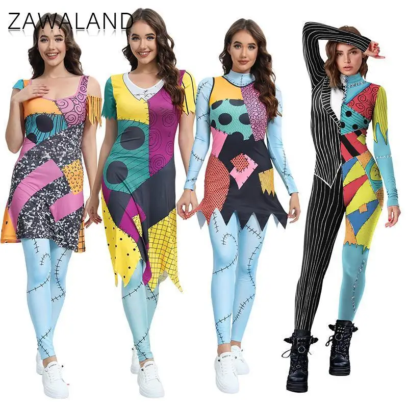 Zawaland Sally Cosplay Costume Halloween Bodysuit Fancy Disguise Jumpsuit Carnival Party Leggings Dresses Patchwork Zentai Suit