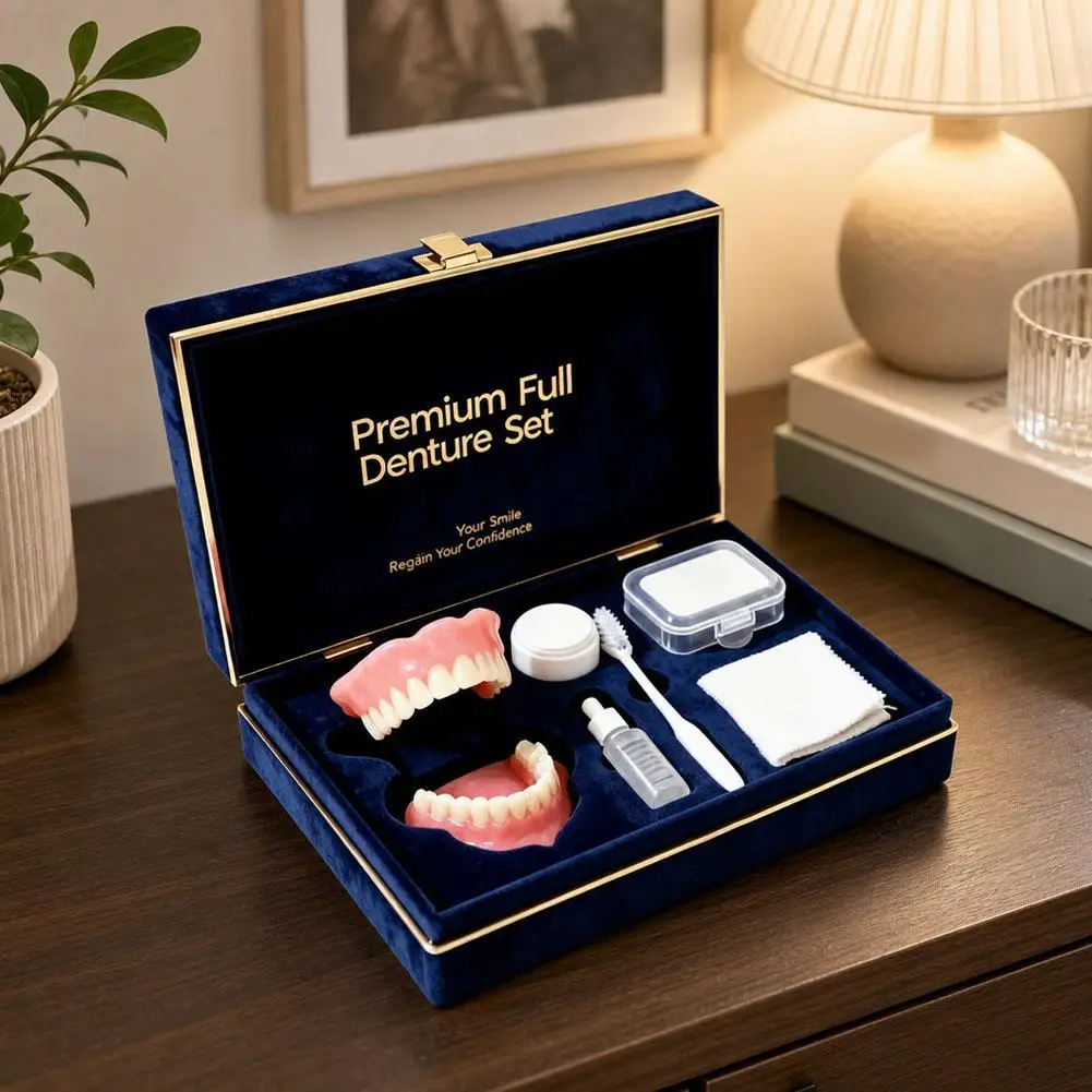 Premium Silicone Full Denture Kit Natural Cosmetic Upper Lower Teeth With Cleaning Tools Comfort Fit Daily Wear Smile Veneers