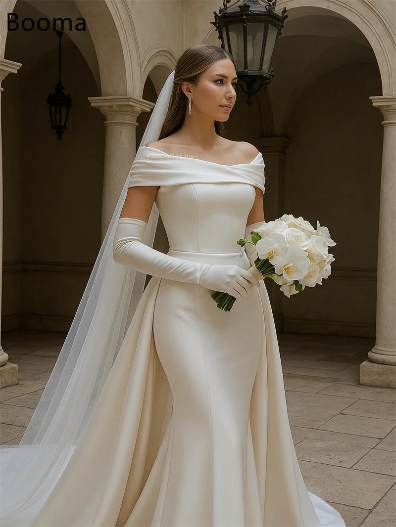 Booma sirena fuera del hombro plisado satén vestidos de novia simples largo sin mangas marfil elegante vestido de novia hecho a medida 2025