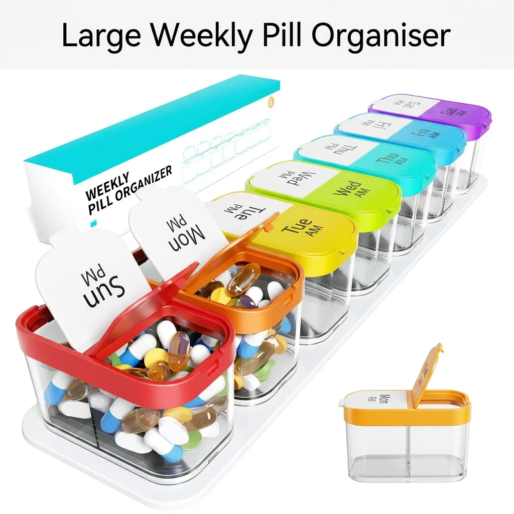 14 Large Compartments Weekly Pill Box 7 Day AM PM Design Extra Large Capacity Pill Organizer Practical Storage Case for Family