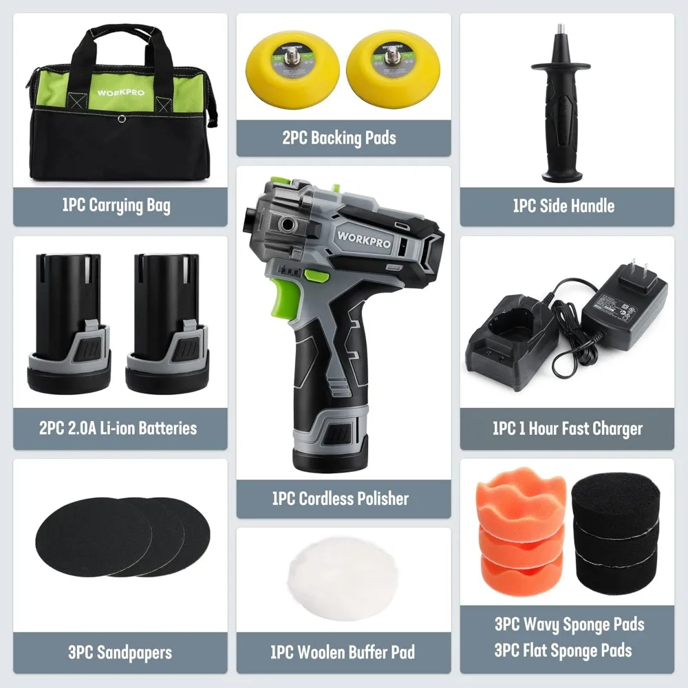 Kit polidor de carro sem fio 12V com 2 baterias, velocidade variável para detalhamento automático e projetos DIY