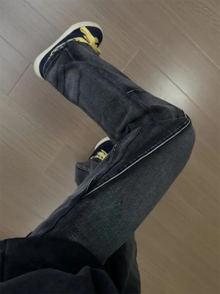 

Vintage Washed Black Men's Jeans Knife Slant Cut Bootcut Straight Leg Casual Trousers mid Waist Zipper Spring Wear