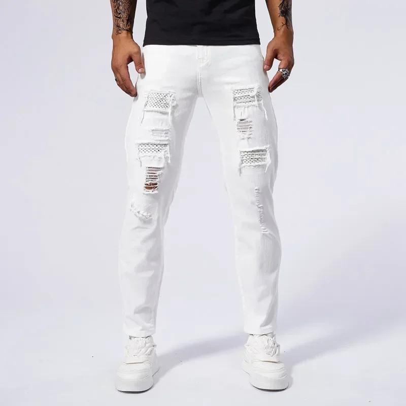 

98% Cotton Ripped Slim White Jeans Men High Elasticity Clothing Fashion Small Feet Hip Hop Male Denim Trousers Streetwear