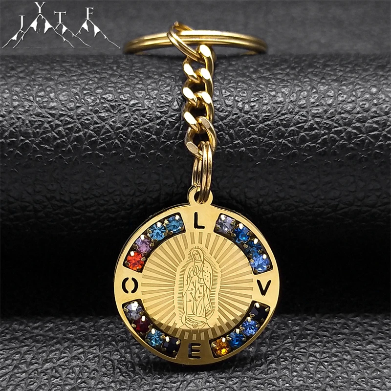 Jungfrau Maria Liebe Bunte Kristall Schlüsselanhänger Frauen Männer Edelstahl Gold Farbe Unsere Liebe Frau von Guadalupe Schlüsselanhänger Schmuck K8389S05