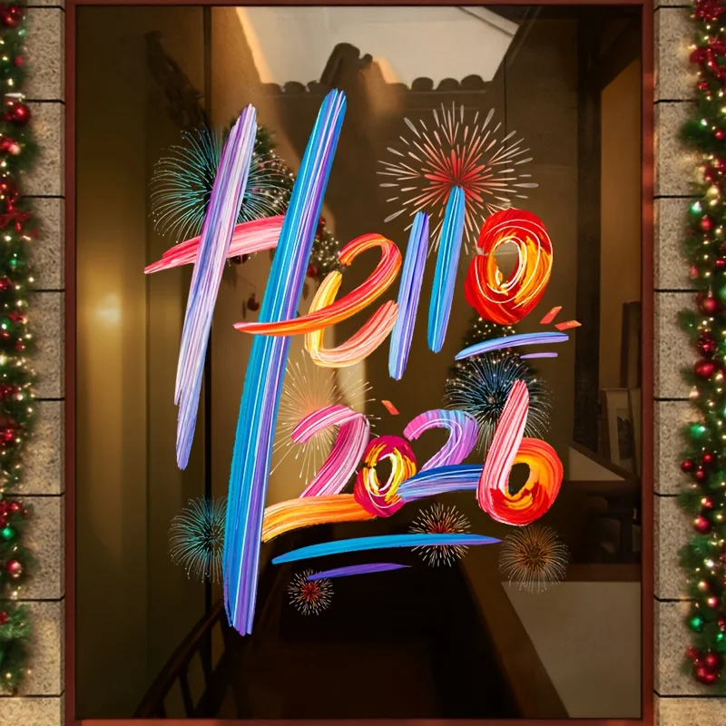 ملصقات السنة الجديدة لتزيين العطلات Hello 2026 ملصقات تزيين النوافذ