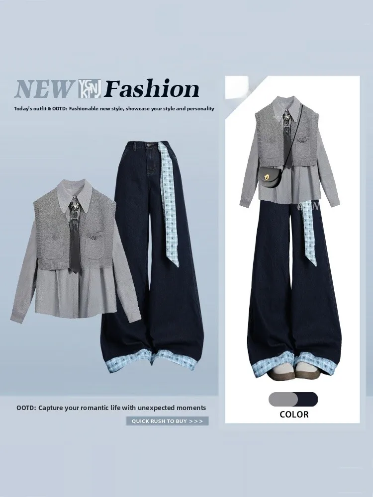 Conjunto de camisa gris y chaleco de punto, pantalones vaqueros de cintura alta, moda de primavera, ropa de trabajo de estilo coreano para mujer, camisa de manga larga con cuello