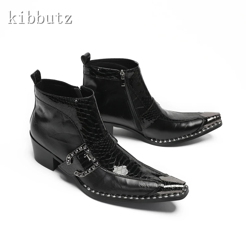 Black Snake Pattern Men Ankle Boots Pointed Metal Toe Genuine Leather Rivets Fashion Cowboy Buckle Punk Boots