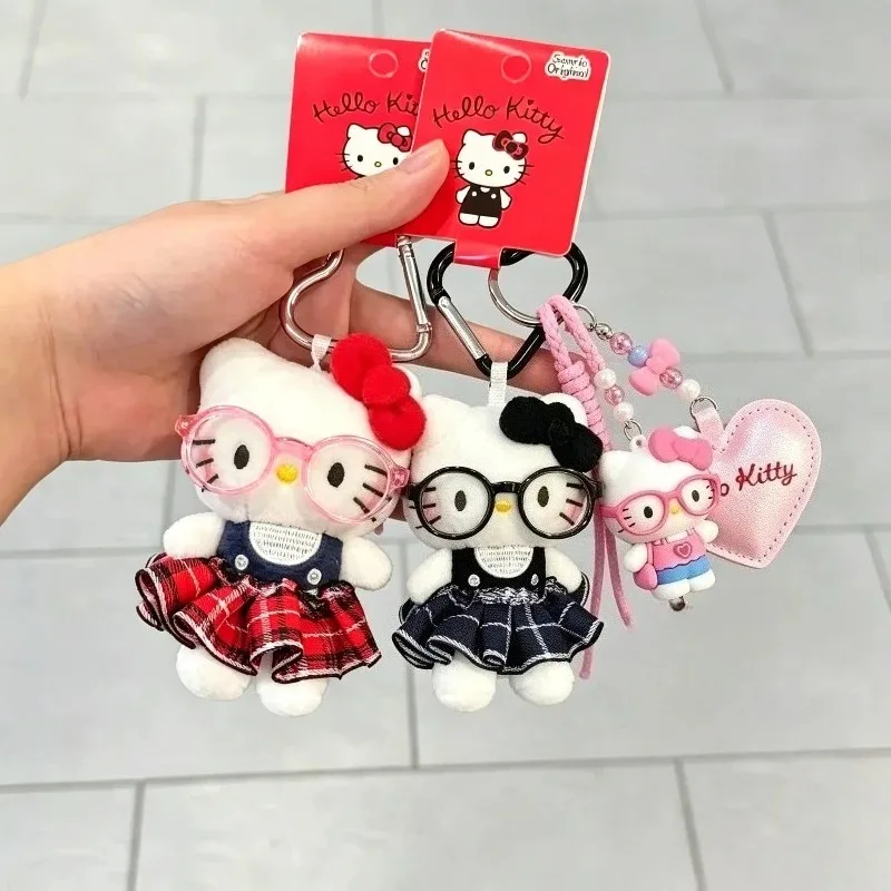 Cute Hello Kitty with Glasses Bag Charm Keychain for Women Girls Kawaii Cartoon Purse Hanger Clip On Backpack Pendant Wholesale