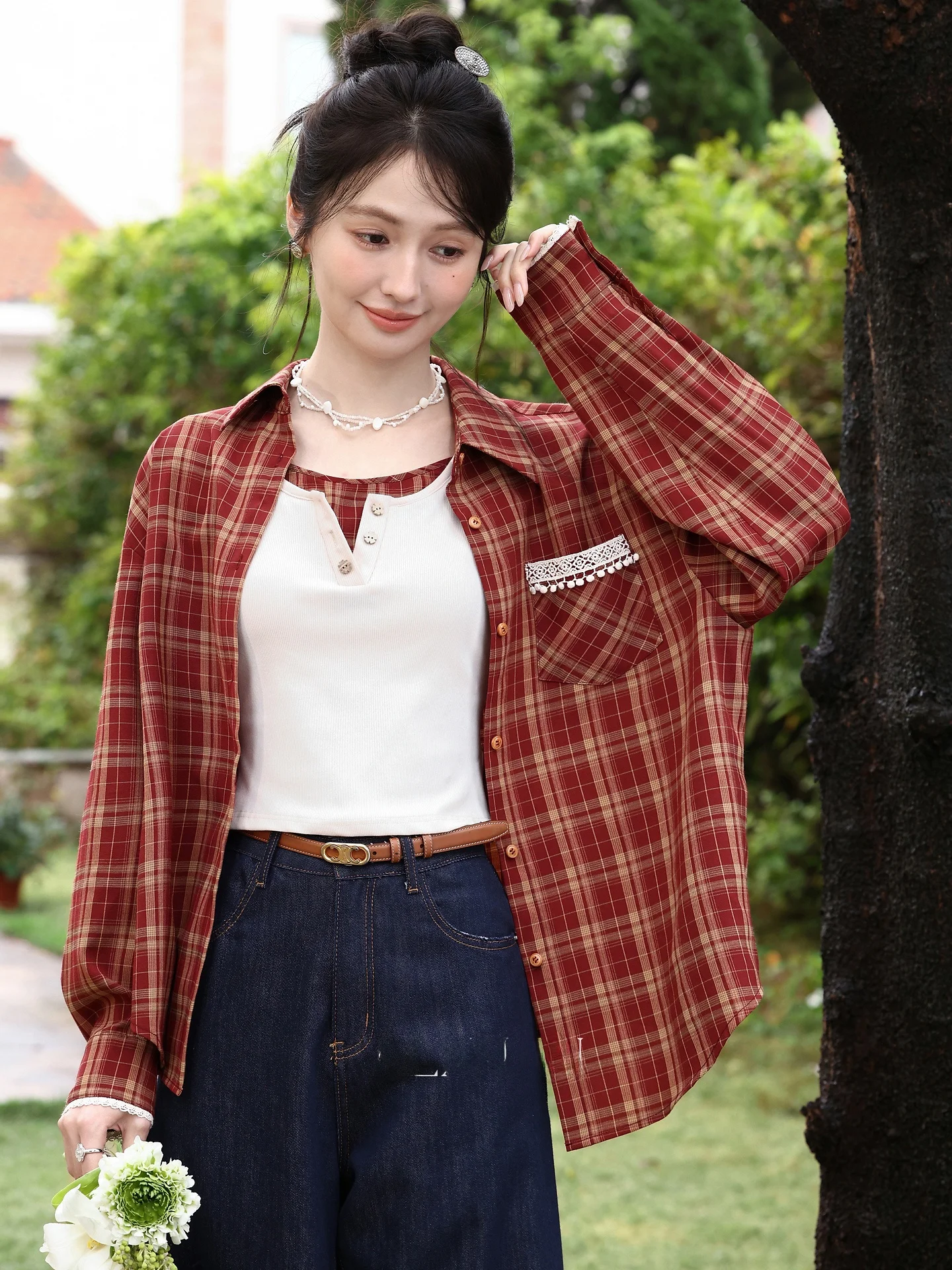 

South Deer Casual Striped Long Sve Women's irt Loose Fit Spring Faion Red And White ids Leisure Top Premium Quali