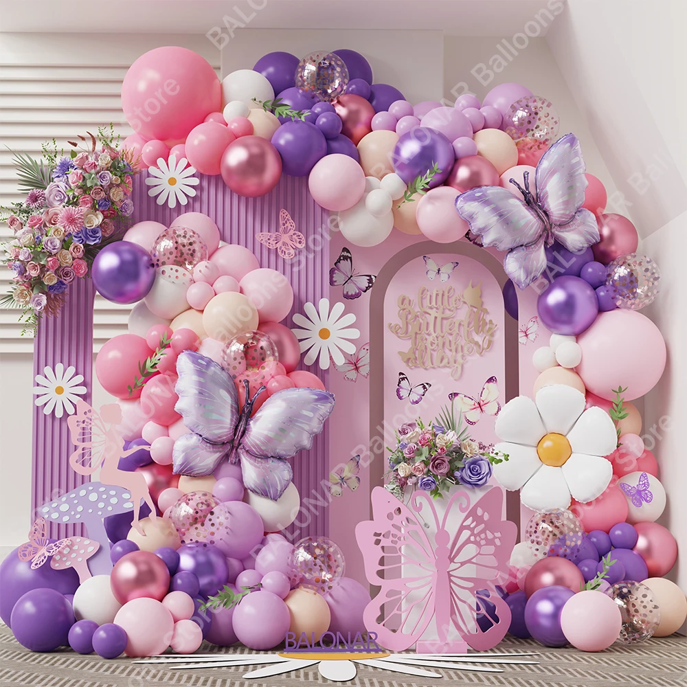 153pcs Macaron Pink Purple Butterfly Balloons Garland Arch Kit Girls Butterfly Birthday Party Baby Shower Wedding Decor Globos