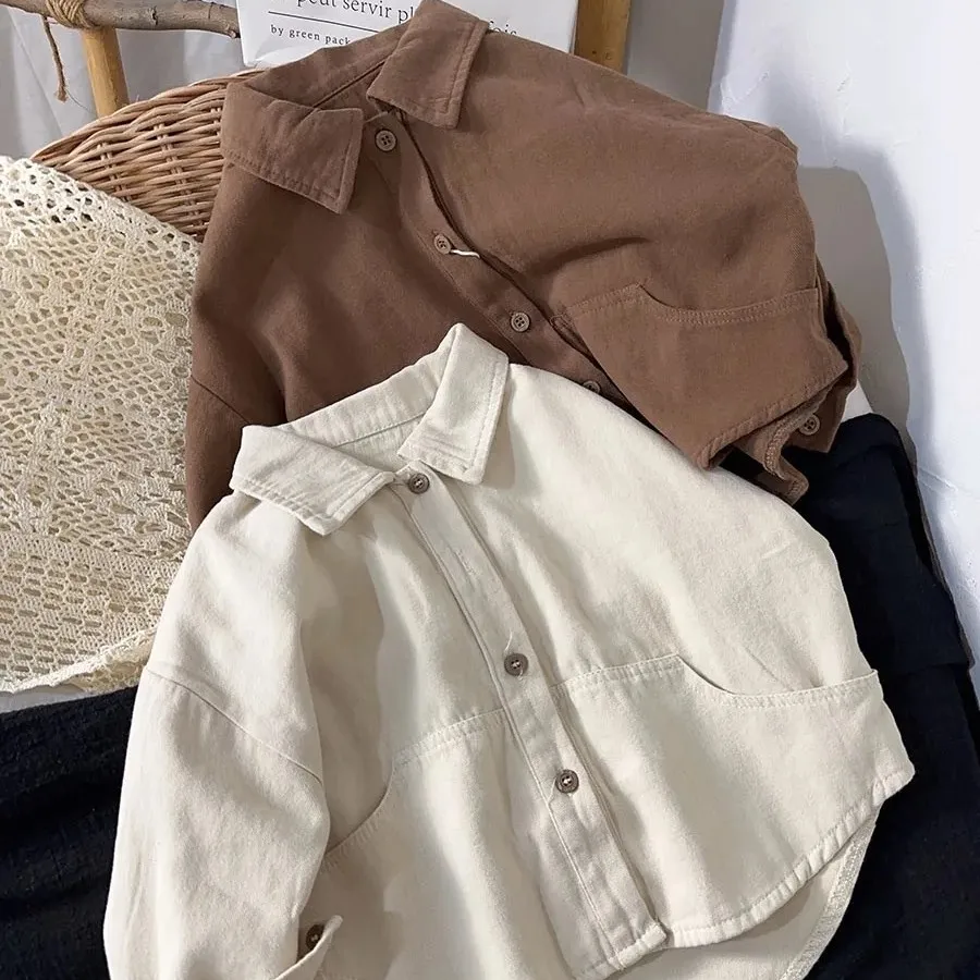 

Boys' Shirt Spring and Autumn New Girls' Cotton Long Sleeved Shirt Baby Solid Color Top Children's Cardigan School Uniform