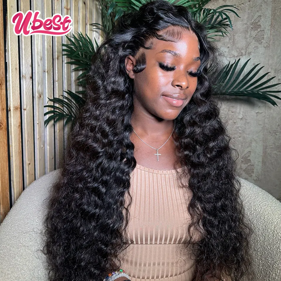 Perruque Lace Front Wig Deep Wave transparente brésilienne Remy, cheveux humains, couleur verte 1B, densité 100%, 13X6 At, 180%