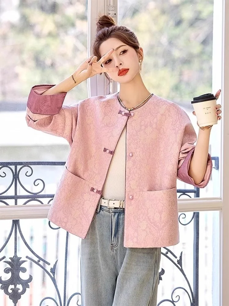 

Новая китайская женская куртка с цветочной вышивкой, весна 2025, модный высококачественный топ с круглым вырезом, роскошный костюм в стиле Тан