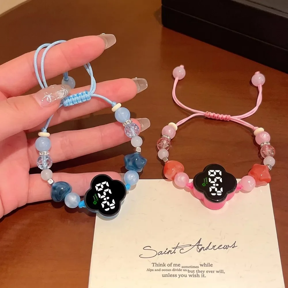 Colorful Beads Electronic Bracelet for Girls Kids Cute Flower Cartoon Screen Digital Watch Adjustable Wristband
