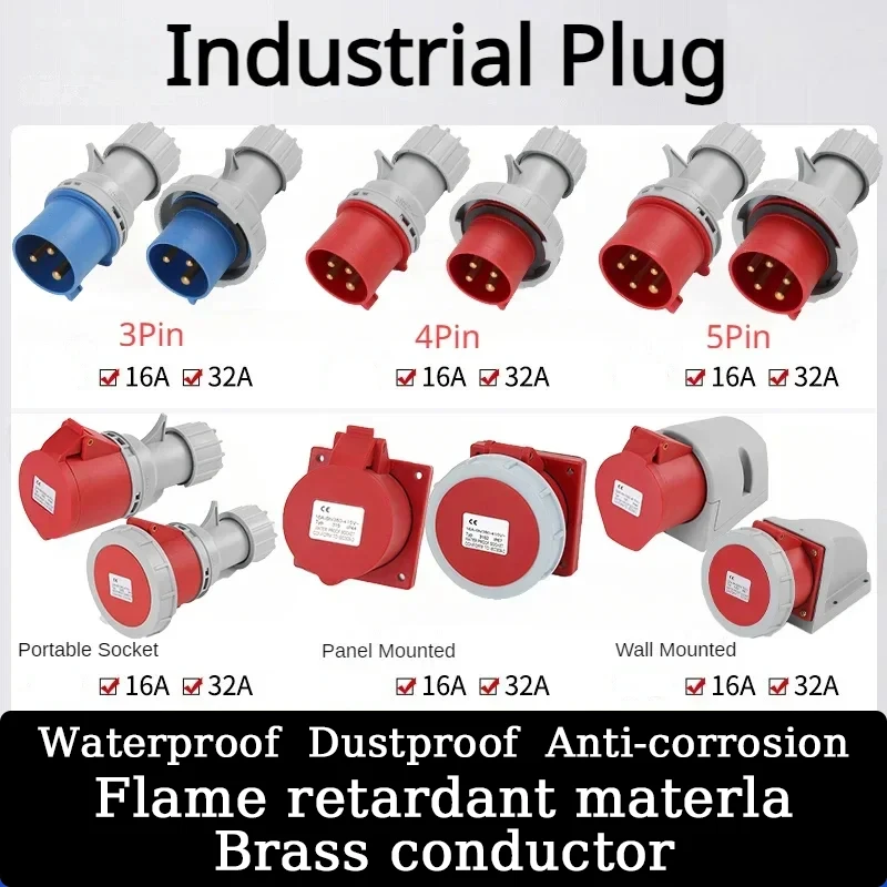 

Industrial plug and socket waterproof connector 3PIN 4PIN 5PIN 16A/32A waterproof electrical connection wall mount socket