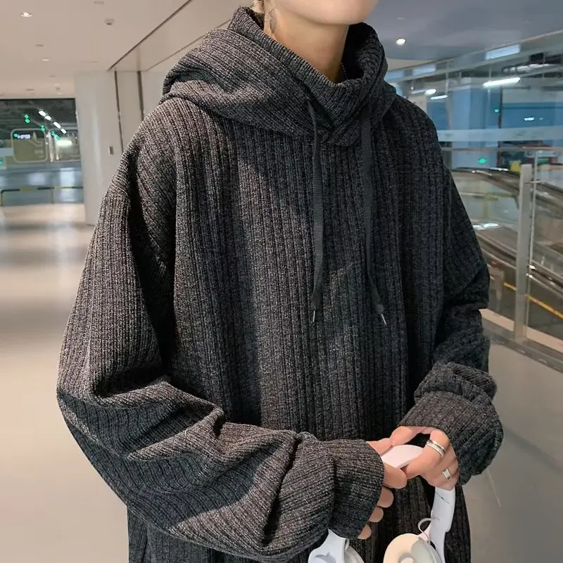 

Korean Style Harajuku High Neck Hoodie for Men Autumn Winter Knitted Casual Loose Oversized Hooded Sweatshirt Coat Streetwear