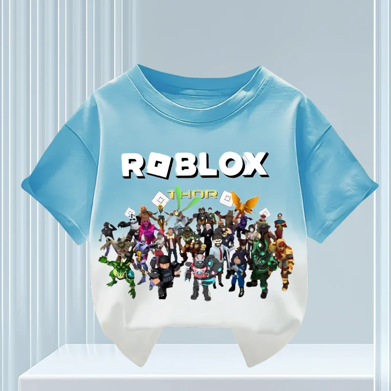 صيف جديد نمط ROBLOX الرجال والنساء في منتصف العمر الأطفال التدرج قصيرة الأكمام القطن الخالص تي شيرت الجولة الرقبة فضفاضة