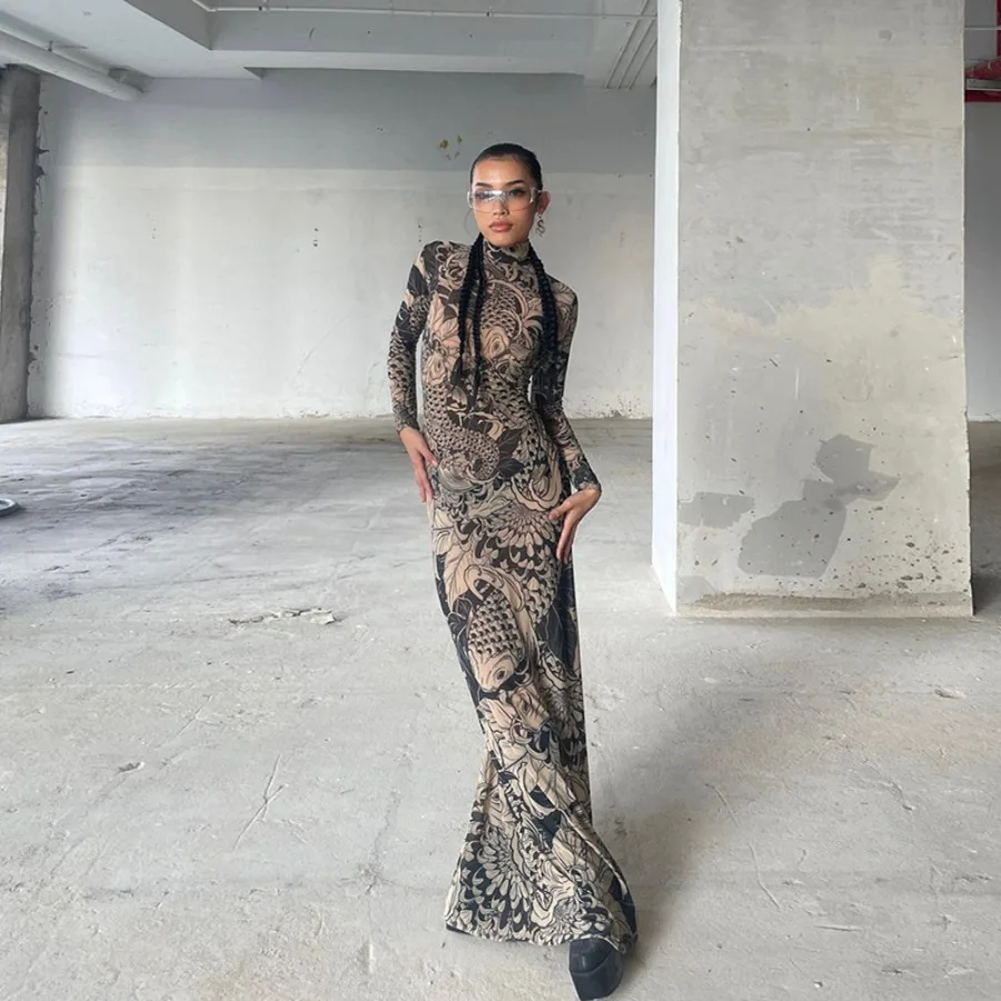 

【New style】Spring and summer new women's clothes high-neck fashionable personalized mesh print perspective slim dress