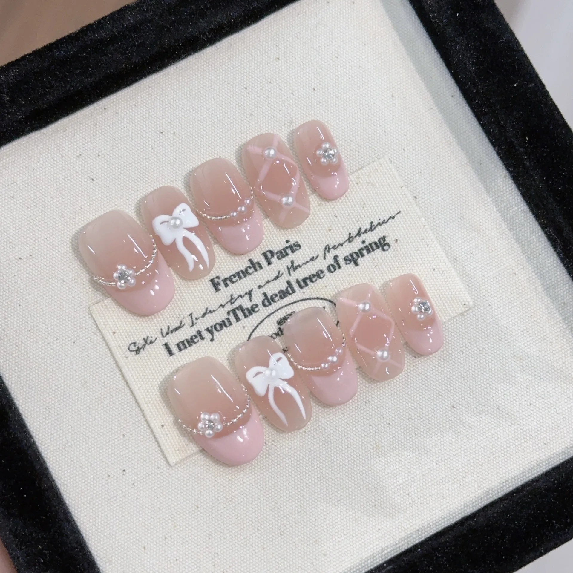 10 pezzi di balletto fatto a mano bianco francese rosa unghie finte bowknot perla stampa sulle unghie punte per unghie artificiali di mandorla