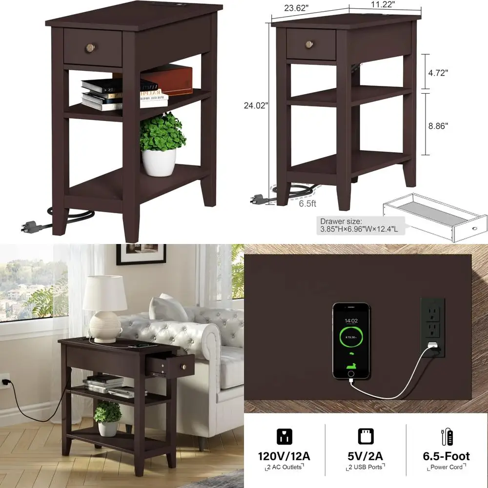طاولة جانبية لمحطة الشحن لغرفة المعيشة مع منافذ USB ومنافذ طاقة ودرج مخفي وتخزين من 3 طبقات #1