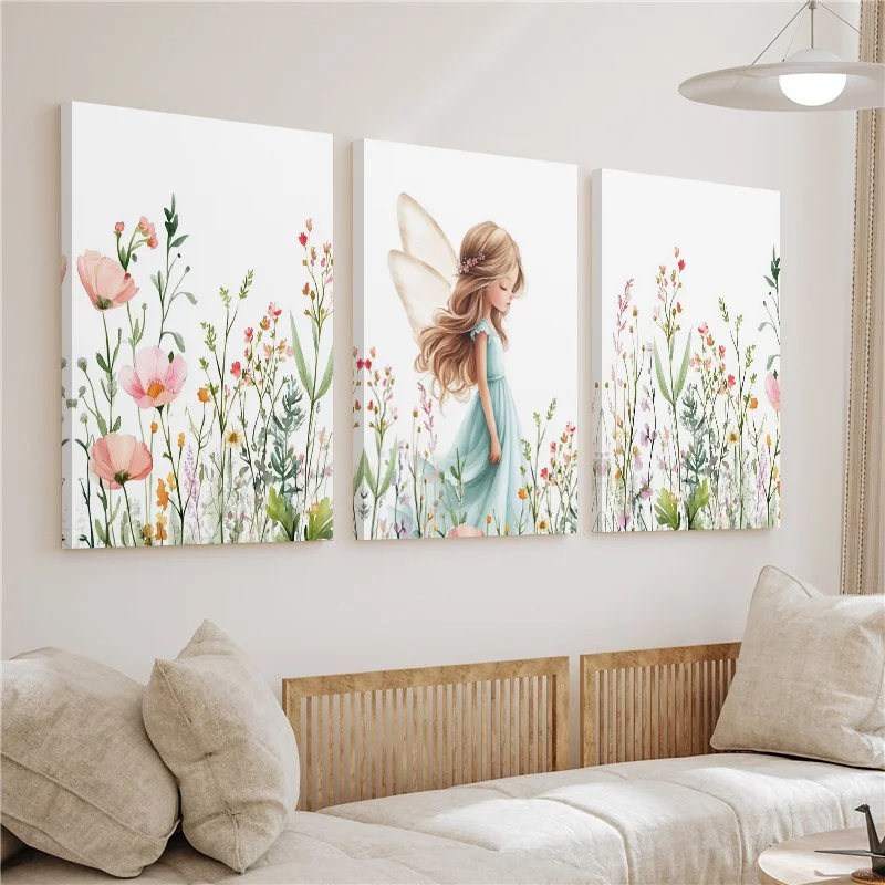 3pcs Fairy in Wildflower Canvas Print Painting Wall Art Living Room Bedroom Home Decoration Poster Kids Birthday Baptism Gift