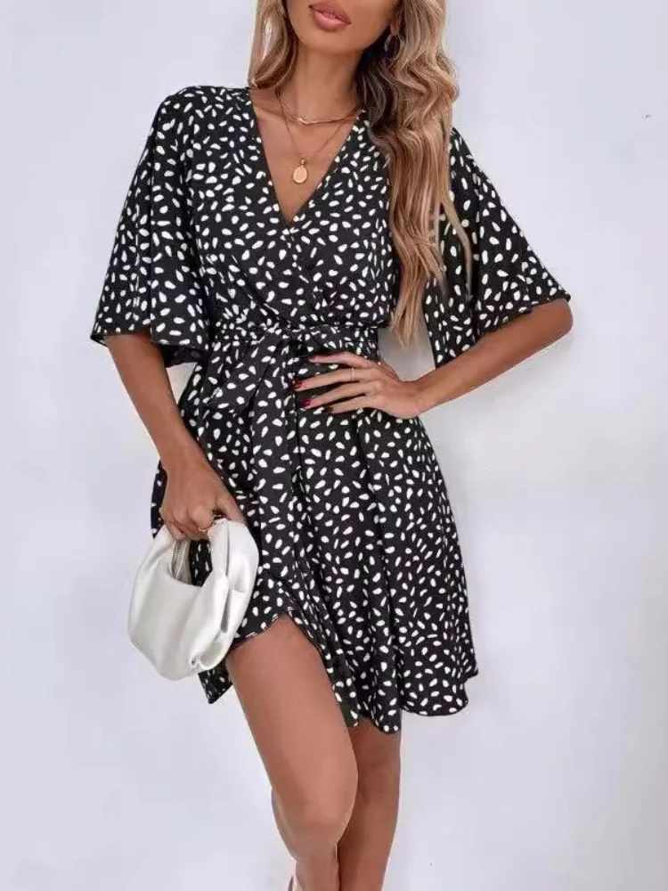 Women Dress 2026 Summer V Neck Short Sleeve Tie Waist Floral Print Versatile Dress For Women V-neck Waist-cinching Dress
