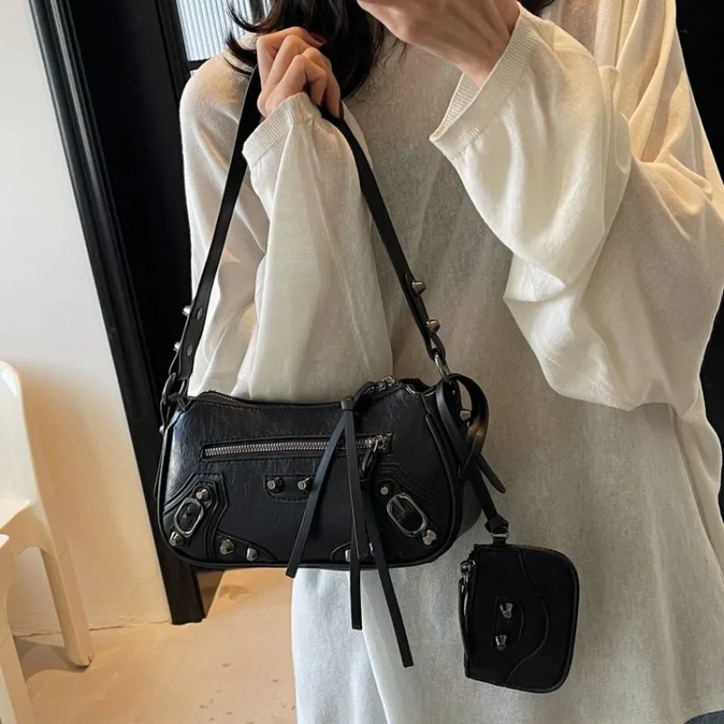 

Женская мотоциклетная сумка - модная текстурированная сумка-ведро через плечо, стильный дизайн с ручкой, универсальный модный аксессуар для повседневного использования