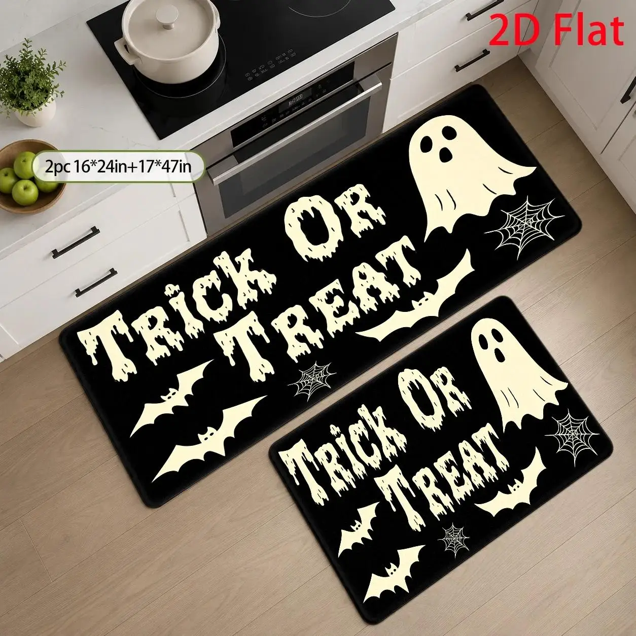 1pc, 2pcs, 3pcs, 2D Flat Kitchen Floor Mat Set, Halloween Trick Or Treat Bat Spider Web Floor Mat, Spooky Decorative Kitchen Rug, Easy-to-Clean Bathroom Floor Mat, Suitable for Kitchen, Bathroom, Laundry Room, Dining, 2D Flat