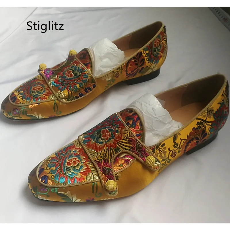 Red Blue Yellow Embroidered Loafers Men\'s Shoes Double Buckle Slip On Casual Flats Business Shoes Social Shoe Male Breathtable