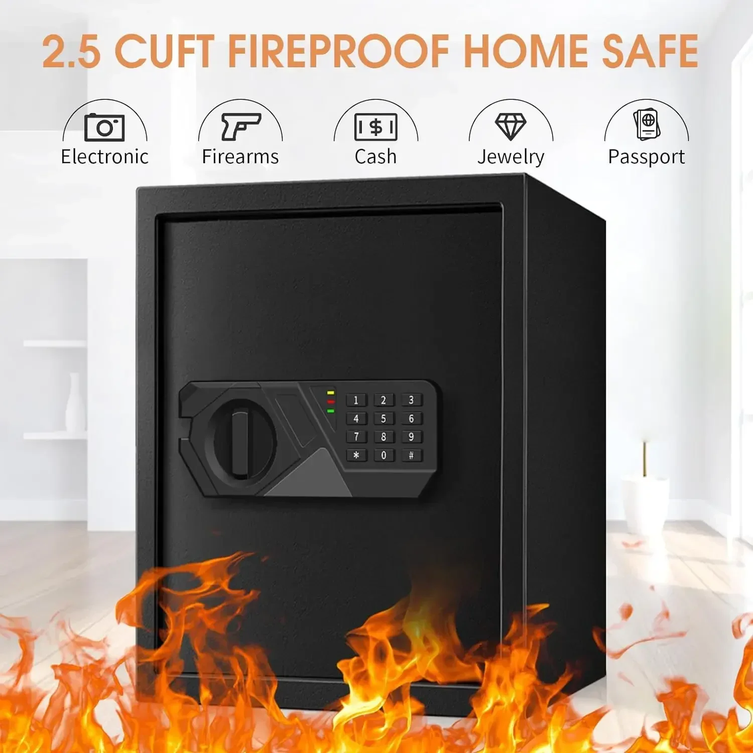 2.5 Cu ft Large Fireproof Safe Box For HOME USE, Digital Home Security Safe w/ Key for Firearm Medicine Money Valuables (50UB)