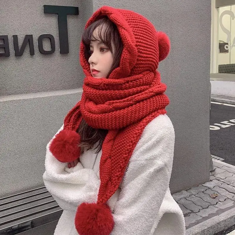

Knitted Scarf Twist Hat For Women Balaclava Cap Winter Outdoor Warm Neckerchief Girls Cute Ball Ear Protection Beanie Caps
