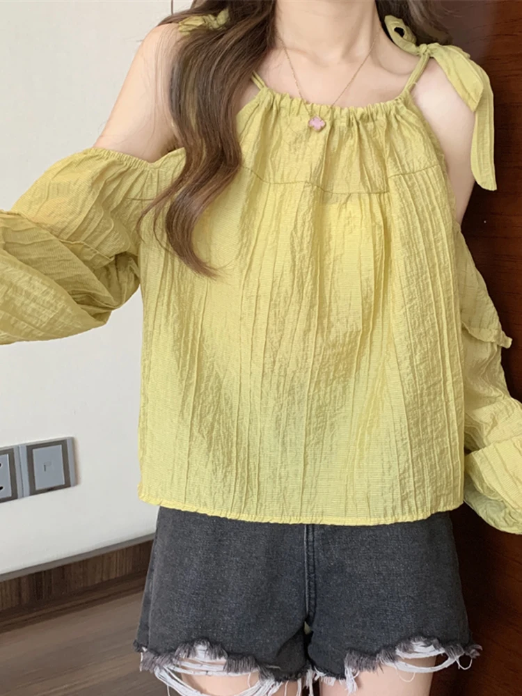 قميص شيفون أنيق بأكمام فقاعية للنساء، قميص قصير الطول للحماية من الشمس، تصميم فريد من نوعه، أكمام طويلة، حزام على الكتف، قميص...