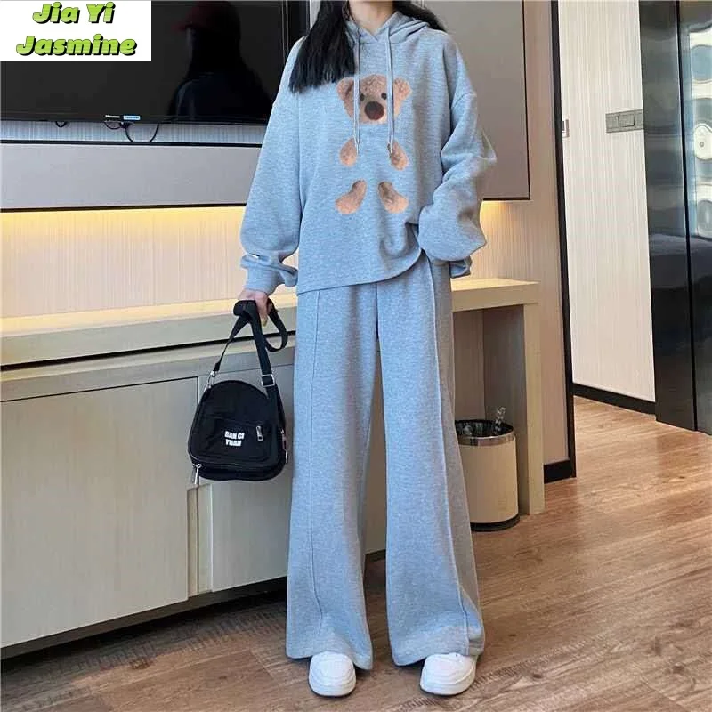 Leisure Bear Sports Set Women's 2024 Autumn/Winter New Korean Edition Leisure Loose Hoodie Wide Leg Pants 2-piece Set