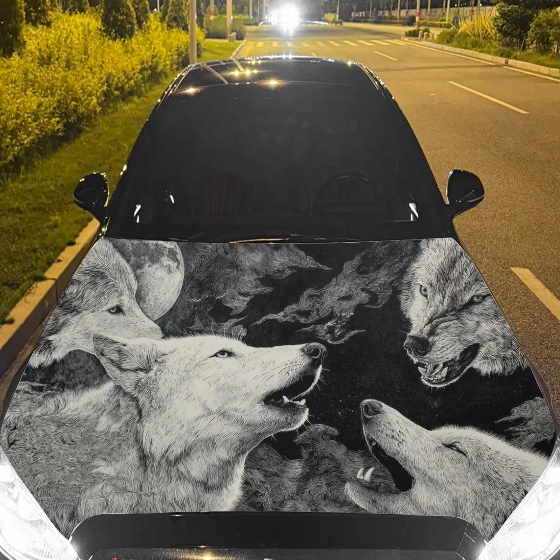 

Car Decal Wolf Pack with Monochrome Textured Motif in Artistic Wildlife-Intense Style - Bold Natural Duality Fantasy Aesthetic C