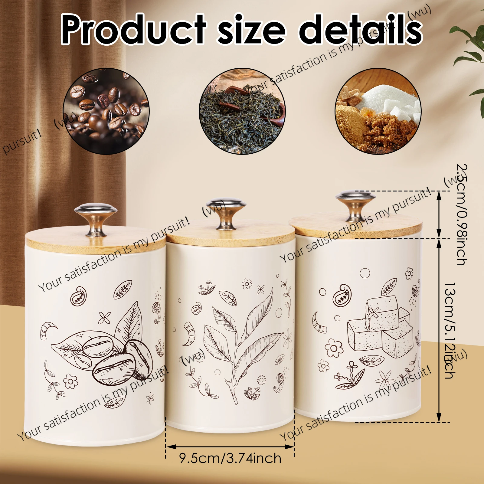 3Pcs Vintage Print Metal Canister Set with Airtight Wood Lids Sugar Tea Coffee Storage Containers Jar for Counter Dining Room