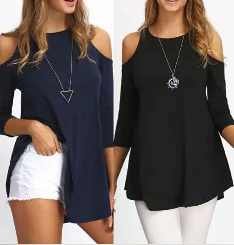 

New Women's Pure Color Slim Fit oulder Bared round Ne Seven Quarter Sve Chiffon Base irt Trendy Base Layer Top