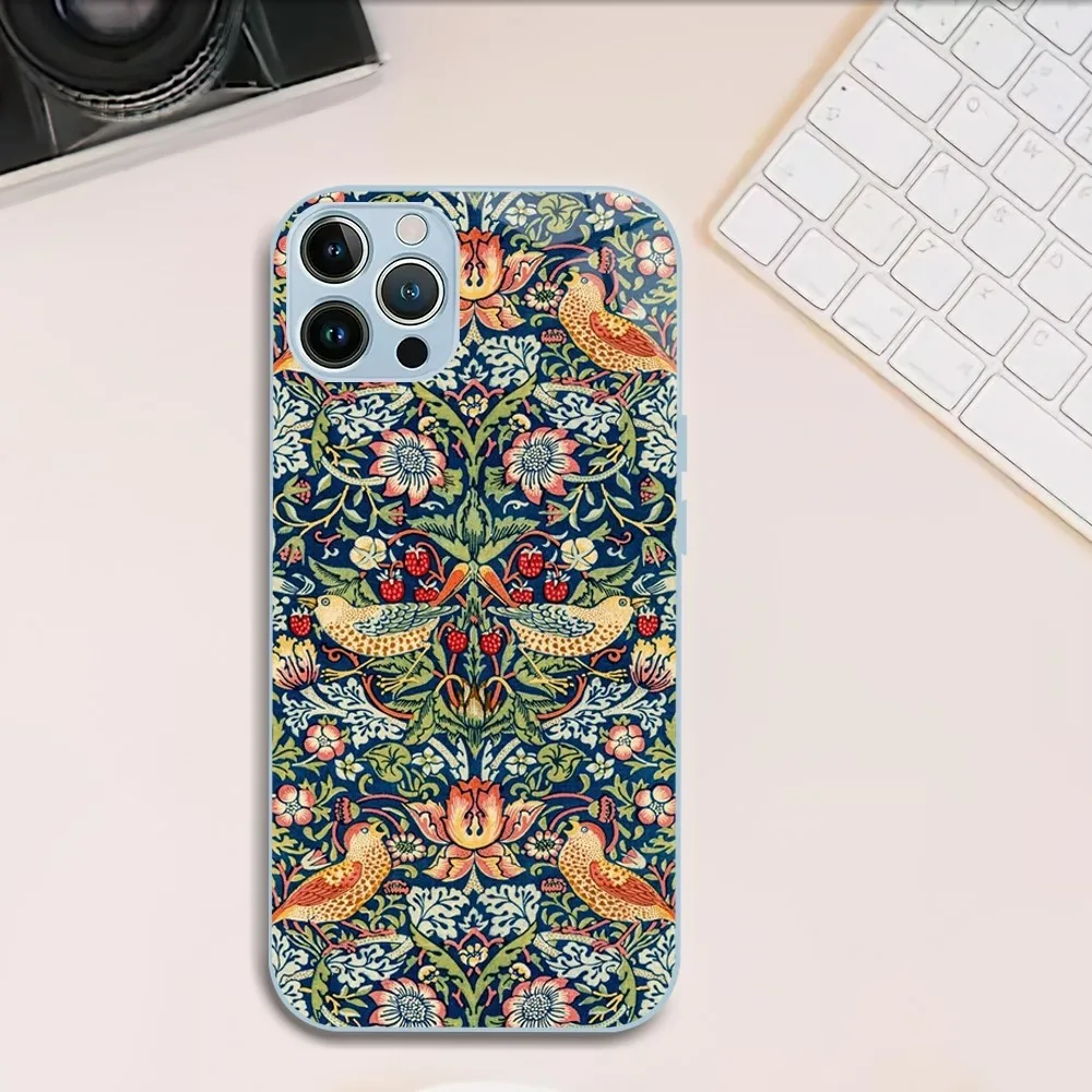 Art W-William Morris Luxury Phone Case For iphone Metal Plating Glass 11 14 12 13 Mini Pro Plus X XS MAX XR Cover