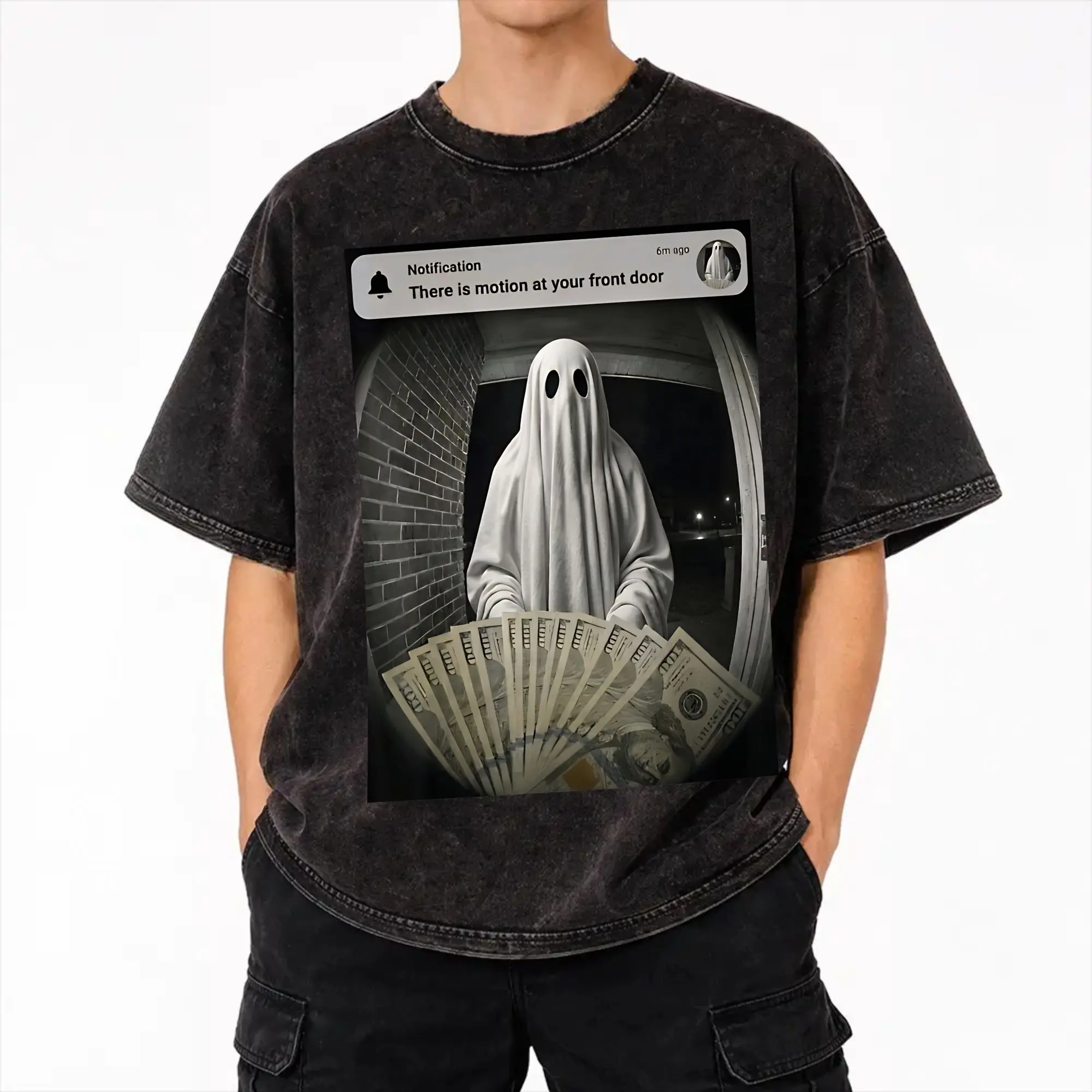 Spooky Ghost Motion Front Door Alert Humor Washed T Shirts Streetwear Hip Hop Casual T-Shirts  Tees  Streetwear