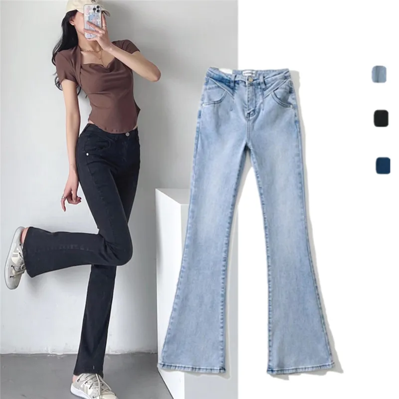 

American Retro High Waist Slimming Bell Bot Jeans Versatile Long Pants Deep Color Waed Fabric Zipper Closure Spring