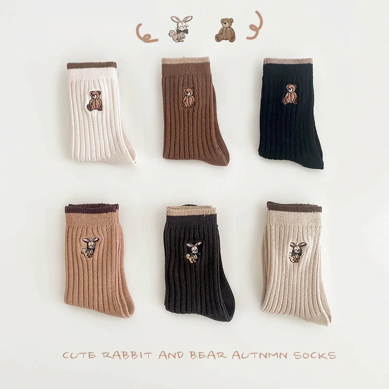 3 Pairs/lot Children Cotton Socks Kawaii Bear Bunny Embroidery  Boys Girls Tube Socks Autumn Winter Warm Casual Kids Socks 1-10y