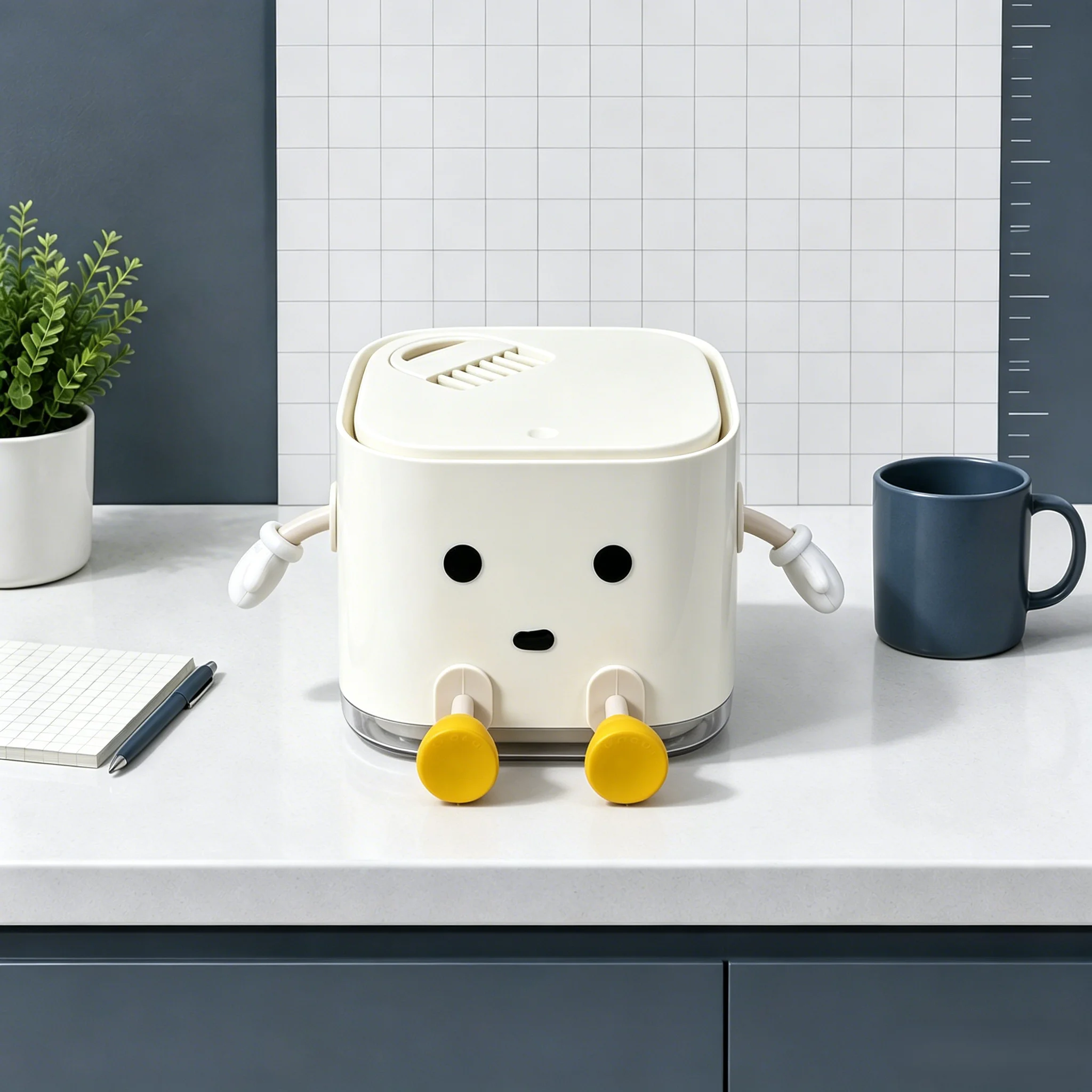 Press‑Top Lidded Small Desktop Trash Can with Matching Cleaning Brush, Cute Sitting‑Figure Tabletop Waste Container, Durable Mini Waste Bin for Indoor Table Use