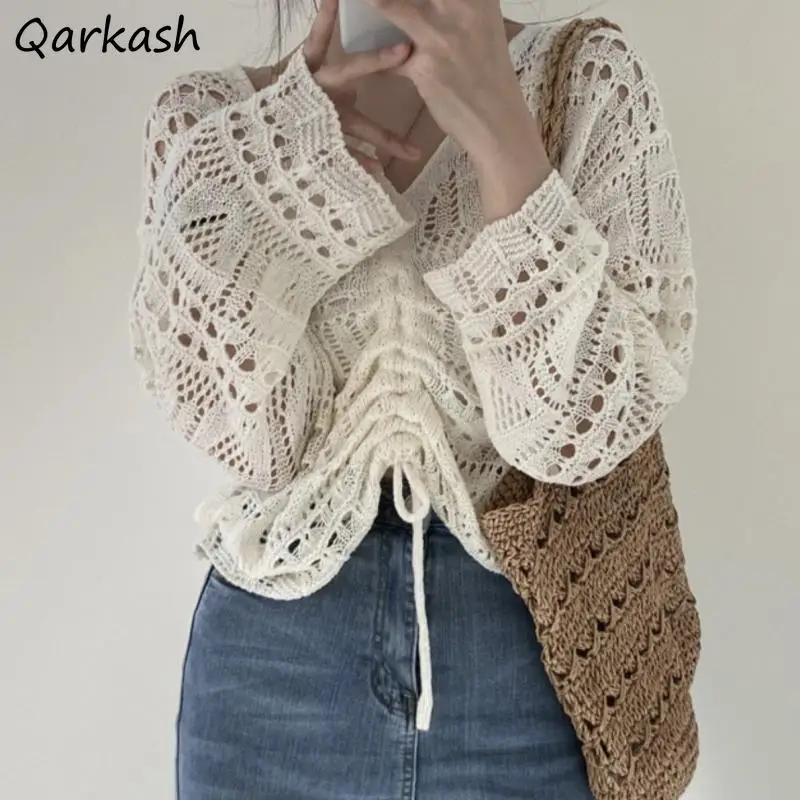 Pullover Frauen V-ausschnitt Aushöhlen Raffen Alle-spiel Trendy Gestrickte Lose Fit Streetwear Koreanischen Stil Süße Würzige Mädchen Ins tops