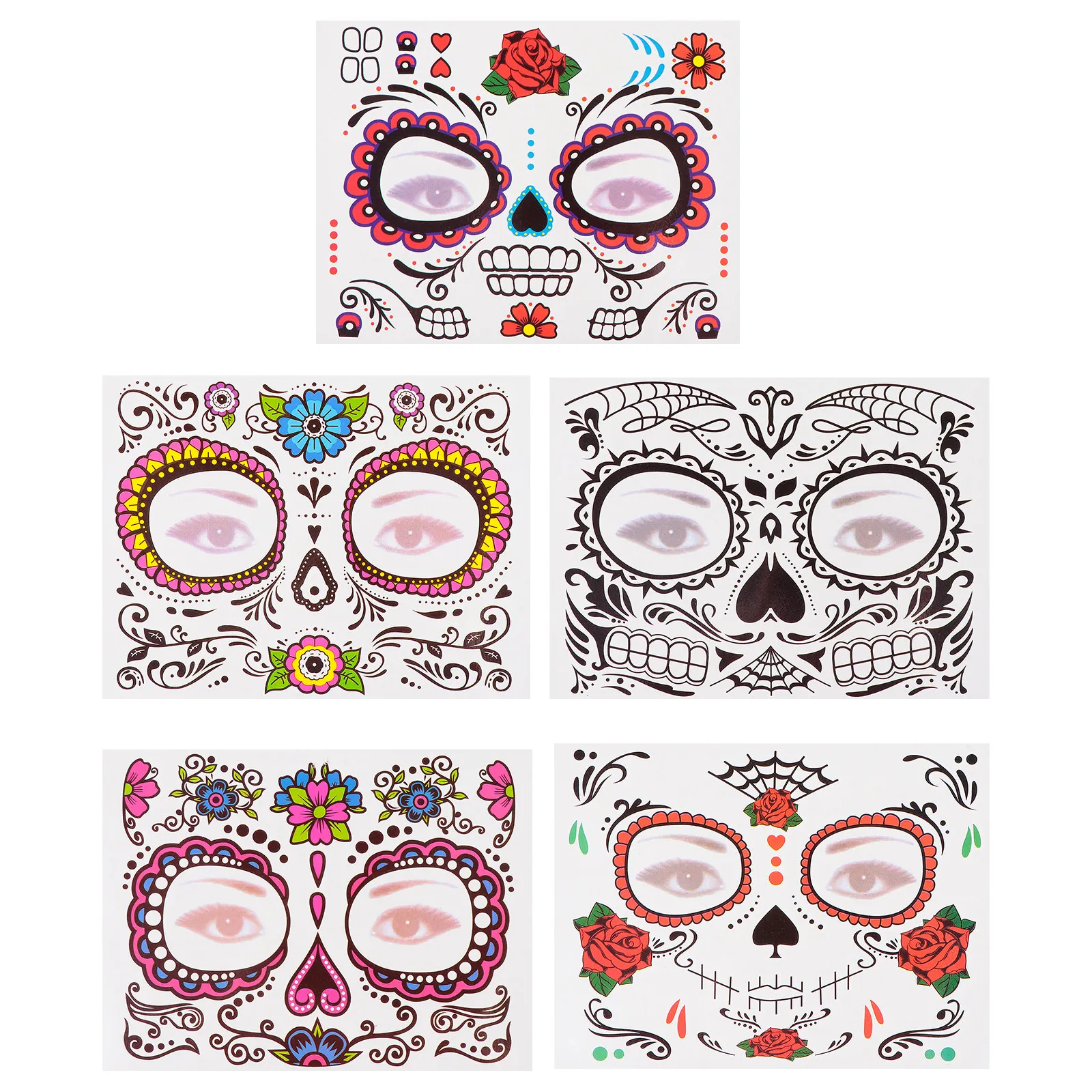 

15 шт. наклеек-тату для лица, временный боди-арт на Хэллоуин, безопасные для кожи, с жуткими черепами и цветочными узорами, для маскарада и костюмированных вечеринок