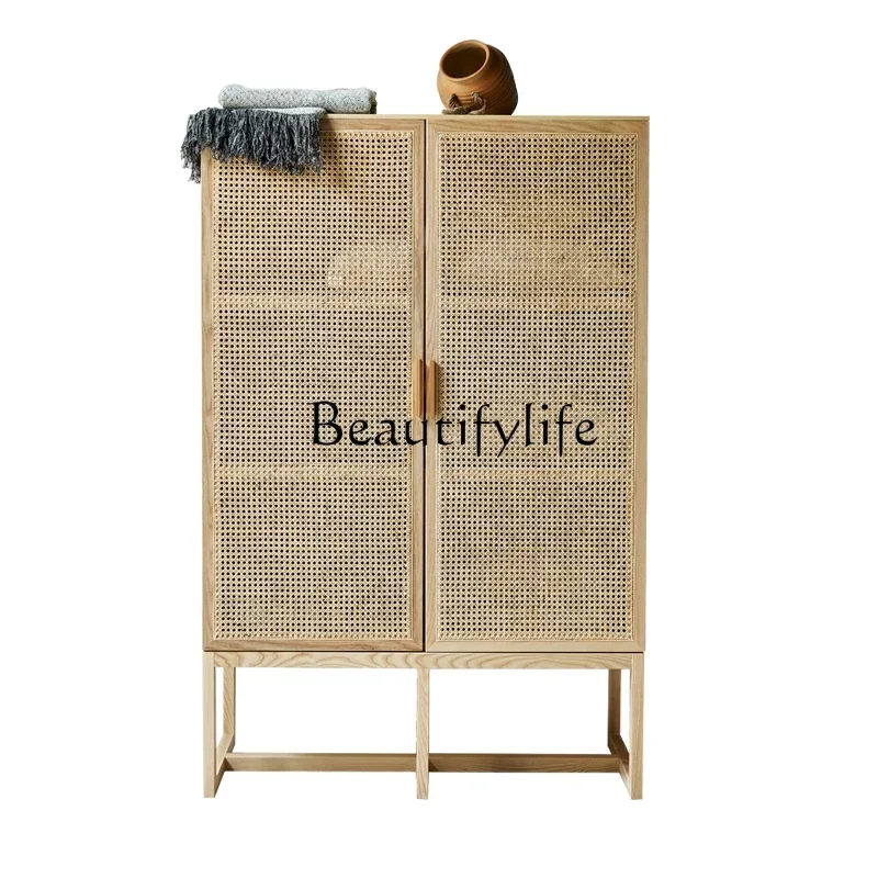 

S Solid Wood Sideboard Household Rattan Bedroom Wardrobe Nordic Retro Locker Storage