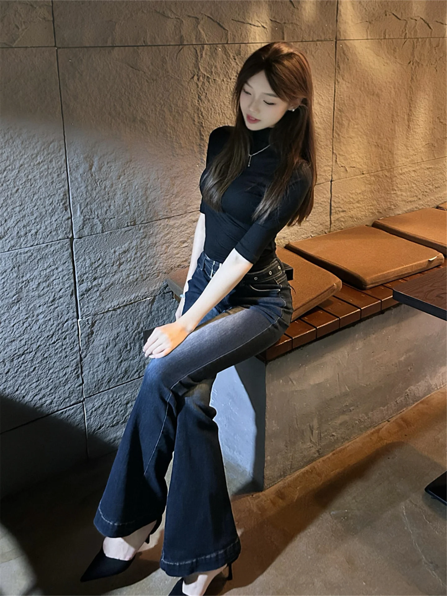 

American Vintage Low Waist Bell Bottom Jeans Women's Spring Summer Slimming Washed Long Floor Length Pants Casual Cotton