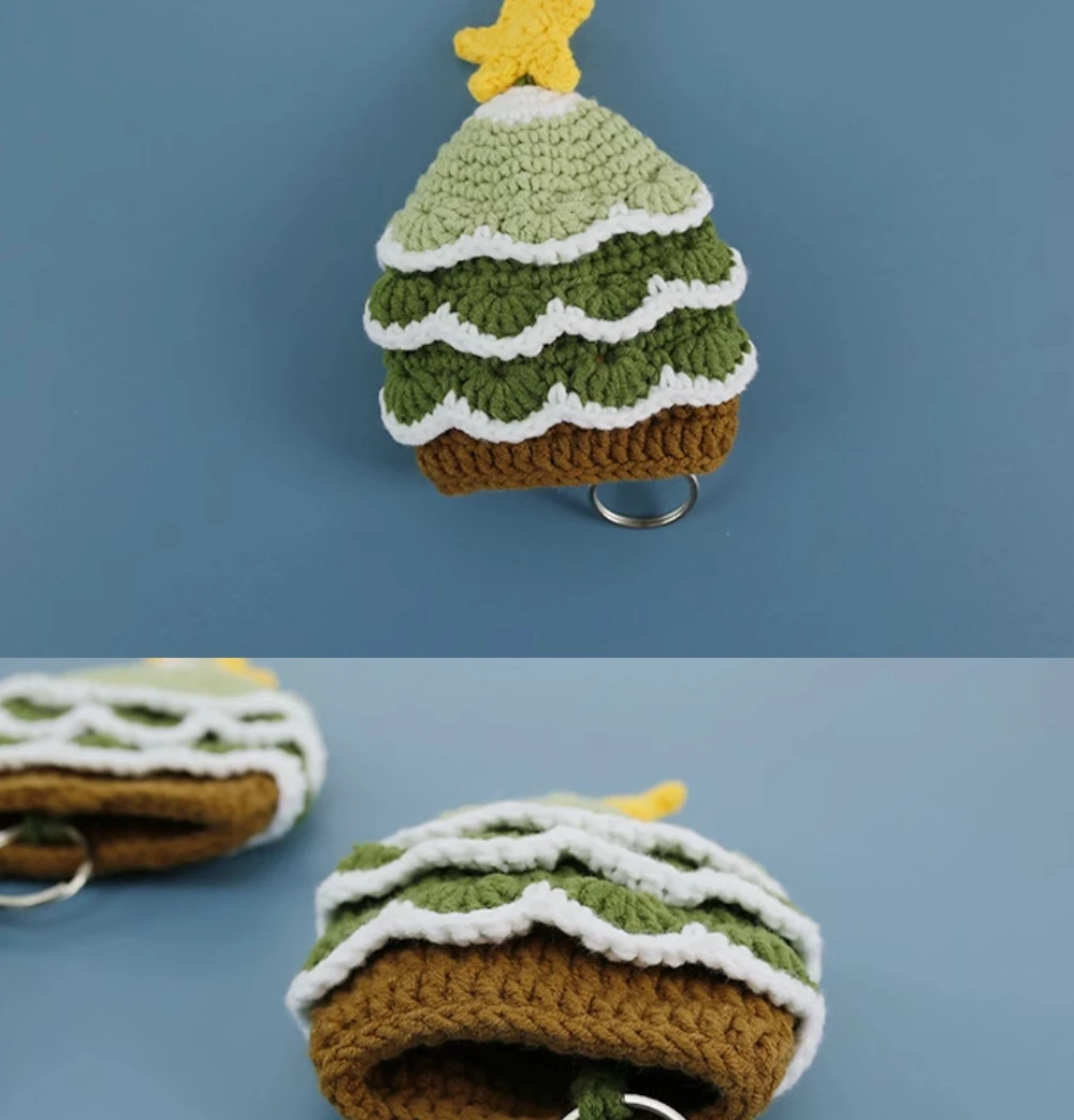 

DIY crocheted Christmas tree key bag hand-knitted material bag wool car key protective cover Christmas gift