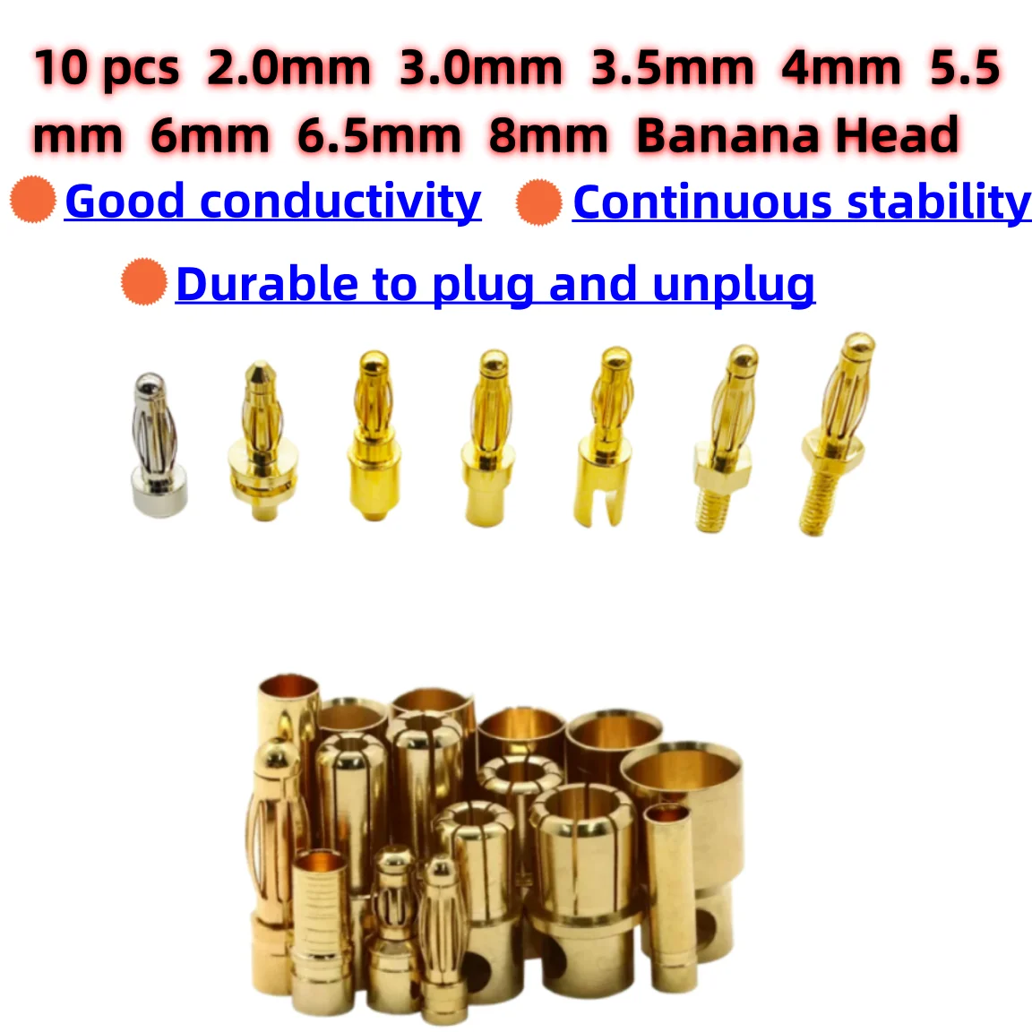 

10 pairs Pure Copper Banana Head 2.0 3.0 3.5 4.0 5.0 5.5 6.0 6.5 8.0MM Banana Plug Aircraft Model Motor Electrical Adjustment