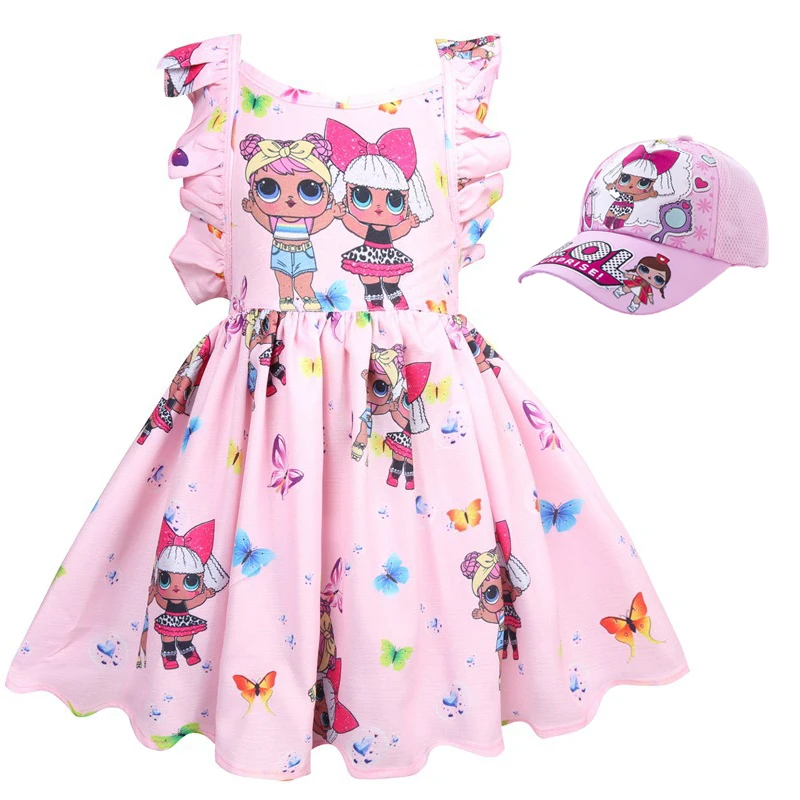 Le ragazze vestono il bambino del bambino LOL Dolls Clothes Kids Cartoon Print Princess Dress bambini Summer Birthday Vestido for Girl hat