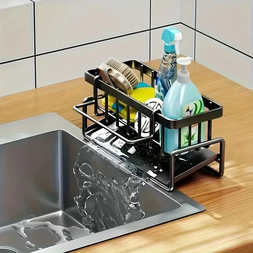 Sponge Holder for Kitchen Sink, Plastic Auto Draining Kitchen Sink Organizer, Sink Caddy with Removable Brush Holder