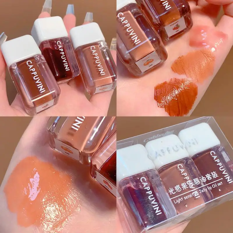 3PCS Water Lip Glaze Lip น้ำมันโปร่งใส Lip Dew Lip Glaze สี Moisturizing Non-Stick Cup Lip gloss แต่งหน้าชุด